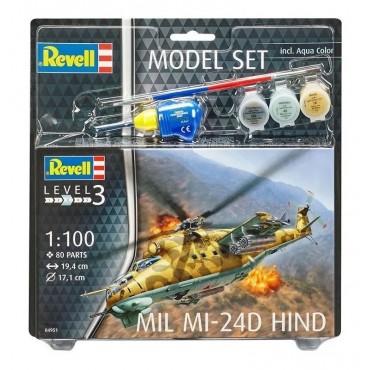 KIT PARA MONTAR REVELL MODEL SET HELICÓPTERO MIL MI-24D HIND 1/100 80 PEÇAS COMPLETO COM TINTAS COLA E PINCEL REV 64951